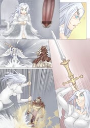 1boy 1girls anthro comic crossbreed_priscilla dark_souls dragon dragon_form dragonoid_(dark_souls) erection female fromsoftware hi_res human kinkyfolk male mammal melee_weapon nude penis polearm scalie spear translation_request video_games weapon