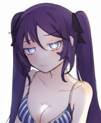 1girls between_breasts bikini_top blue_eyes blushing blushing_at_viewer bra breasts clothed_paizuri female genshin_impact heart-shaped_pupils hoyoverse l4lovely long_hair mona_(genshin_impact) paizuri purple_hair solo_female sweatdrop titfuck titjob twintails