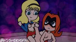 2girls barbara_gordon batgirl big_breasts blonde_female blonde_hair blush breasts dc dc_comics female female_only kara_danvers kara_zor-el lesbian_sex multiple_girls nipples partially_clothed pubic_hair pussy red_hair scissoring shirt_lift skirt small_breasts supergirl tribadism wishernsfw yuri