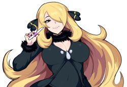 ai_generated blonde_hair cynthia_(pokemon) female implied_pregnancy large_breasts mullon novelai pokemon pokemon_dppt pregnancy_test seductive seductive_look seductive_smile smiling_at_viewer