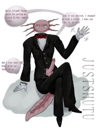 anthro axolotl axolotl_humanoid black_eyes calm costume friendly gloves half-closed_eyes justshutu kinito kinitopet looking_at_viewer no_neck sitting_on_cloud talking_to_viewer text_bubble waving_at_viewer