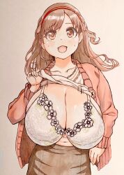 alternate_hairstyle blush bra cardigan flower_trim hand_drawn huge_breasts idolmaster idolmaster_shiny_colors lace_trim long_breasts nervous presenting_breasts sagging_breasts shirt_lift skirt smile sonoda_chiyoko sweatdrop sweating