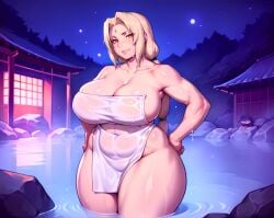 ai_generated hands_on_hips looking_at_viewer massive_breasts mommy naruto naruto_(series) onsen smiling smogai thick_thighs towel tsunade wet_towel