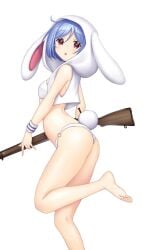 :o animal_ears animal_hood ass back barefoot battle_rifle bikini blue_hair blush breasts commentary_request cowlick expressionless female floppy_ears foot_out_of_frame gun hair_between_eyes hataraki_kuma highres holding holding_gun holding_weapon hood hood_up looking_at_viewer looking_to_the_side medium_bangs open_mouth rabbit_ears rabbit_hood rabbit_tail red_eyes reisen reisen_(touhou_bougetsushou) rifle short_hair simple_background small_breasts soles solo swimsuit tail thighs toes touhou weapon white_background white_bikini white_hood