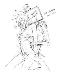 2boys alastor_(hazbin_hotel) anal_sex bdsm chained_collar chained_wrists english_text gay handcuffs hands_behind_back hazbin_hotel ribbon_on_penis rough_sex tv_head urethral_insertion vox_(hazbin_hotel) yaoi