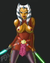 1girls ahsoka_tano alien alien_humnoid belt blue_eyes blue_lightsaber breasts breasts_out clone_wars clothed clothing dress facial_markings female female_only gloves green_lightsaber grey_background grriva holding_sword holding_weapon humanoid lightsaber long_gloves orange_skin pantyhose purple_lipstick purple_nipples red_clothing simple_background solo standing star_wars sword the_clone_wars:_season_four togruta weapon