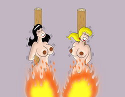 2girls archie_comics betty_and_veronica betty_cooper big_breasts black_hair blonde_hair breasts burning execution female female_only fire human nipples nude pubic_hair pussy stake tagme unknown_artist veronica_lodge