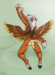 2015 anthro antlers anus aven-fawn cervine deer feathers female hair hooves horn long_hair mammal multicolored_hair peryton pig_(artist) pose pussy solo spots tailbell wings