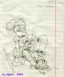 2004 an_american_tail anthro bridget_(an_american_tail) clothes clothing dress female female_only fur furry kneeling line_art mammal mouse multiple_females olgfox oral_sex ponytail rodent side_view sitting sketch tail tanya_mousekewitz tied_hair yuri