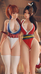 2girls 3d absurdres arhoangel big_breasts blender breasts cleavage dead_or_alive fatal_fury female female_only french_nails highres kasumi_(doa) king_of_fighters large_breasts looking_at_viewer mai_shiranui snk thick_thighs thigh_gap wide_hips