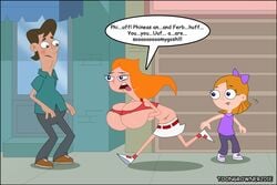 1boy 2girls blush breast_expansion breasts candace_flynn cleavage dialogue disney drooling english_text female holding_breasts huge_breasts human male navel overflowing_breasts panting phineas_and_ferb running sally_(phineas_and_ferb) sweat tagme tongue_out toongrowner torn_clothes