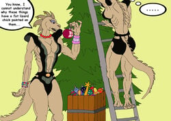 2girls anthro christmas christmas_tree cleavage decoration female female_only flash_gordon ladder lizard_girl lizard_woman new_adventures_of_flash_gordon parody spikes_(anatomy) swift_(artist) tail