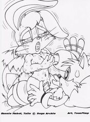 bunnie_rabbot female fox fur furry interspecies male miles_tails_prower monochrome rabbit sonic_(series) toonpimp