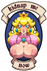 1girls big_breasts blush breasts clothes color crown demien female female_only front_view human large_areolae mario_(series) nintendo nipples princess_peach small_nipples solo super_princess_peach tagme