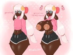 2024 ? aceymari anthro ari_yang ass big_areola big_ass big_breasts big_nipples blush booty_shorts dark_skin ewe female freckles furry glasses hammerspace heart hidden_buxom horns huge_areolae huge_breasts huge_nipples lactating lactation long_hair looking_at_viewer milk_bottle motion_lines nipples_visible_through_clothing no_humans pink_nipples ponytail raised_eyebrows ribbon sheep short_shorts shorts sloshing_breasts smiling_at_viewer tagme talking_to_viewer text thick_thighs wide_hips