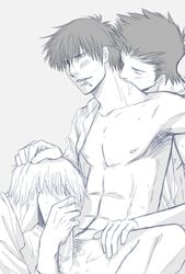 3boys anal cigarette gay gintama hijikata_toshiro kondou_isao male male_only monochrome okita_sougo oral tagme threesome yaoi