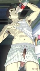 1boy armpit_hair avatar_legends black_hair boxers_(clothing) drinking mako male male_focus male_only pubic_hair scrowny semi-erect the_legend_of_korra video