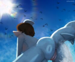 2025 absurd_res ambient_bird anthro anus artist_name ass betta_(sharkidly) biped breasts brown_hair cloud colored day female fin fish genitals hair hair_over_eyes head_turned hi_res humanoid_genitalia humanoid_vulva light light_beam low-angle_view marine medium_hair non-mammal_breasts nude nude_anthro nude_female outside pinup pose shaded shark sharkidly side_boob sky smile solo splash sunbeam sunlight tail text vulva water