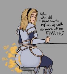 armor ass_focus blonde_hair blue_eyes blush blushed clenched_fist clenched_hand fart fart_cloud league_of_legends lolotron6 looking_back looking_over_shoulder luxanna_crownguard riot_games sitting sitting_down text thick_ass