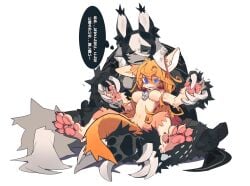2girls alternate_species anthro black_and_white_hair black_fur black_hair blonde_hair blue_eyes claws curly_hair female female_only grey_fur holding_hands horns humanoid japanese_text knifedragon long_hair lyza_(made_in_abyss) made_in_abyss medium_breasts messy_hair monster_girl narehate orange_fur ozen pawpads paws size_difference smile spread_legs sweatdrop tail telson thought_bubble two_tone_fur two_tone_hair whistle_around_neck yuri