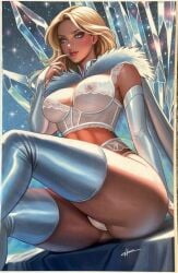 artist_request blonde_female blonde_hair blue_eyes breasts bustier comic_cover elbow_gloves emma_frost female female_only hellfire_club large_breasts lingerie marvel marvel_comics nipples nipples_visible_through_clothing pussy pussy_bulge see-through see-through_bra sitting thick_ass thick_thighs thigh_boots thong white_lingerie white_queen white_thong x-men