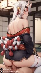 1boy 1girls ai_generated ass bare_shoulders blush censored cowgirl_position double_bun gumi_arts hair_bell hololive hololive_japan indoors kimono long_hair looking_at_viewer nakiri_ayame oni_horns penetration penis red_eyes sex short_kimono stable_diffusion stockings thighhighs vaginal_penetration virtual_youtuber