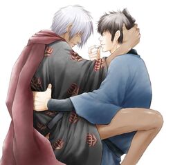 2boys alcohol clothed dark-skinned_male dark_hair doromizu_jirochou drinking gay gintama implied_sex kimono male mushaburui sake scarf sideburns sitting_on_lap sitting_on_person terada_tatsugorou white_hair yaoi