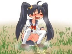 1girls 2d aoi_kurage censored_pussy long_hair mojique omorashi outdoors panties peeing peeing_on_ground pissing_on_floor pleasure_face relief school_uniform sweat sweatdrop thigh_highs thighhighs tomocchi_(mojique) urine