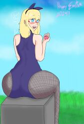 big_ass big_butt big_thighs blonde_hair blue_eyes bunny_ears bunnysuit cloudscape easter easter_egg fishnet_legwear fishnets glasses hi_res jddinsa kimisu_(jddinsa) nature nature_background pantyhose simple_background sitting sitting_down text