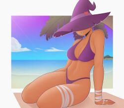 1girls 2022 bandages beach bikini bra breasts dark-skinned_female exqmaster hidden_face original_character purple_bikini solo tagme_(character) tan_skin thick_thighs witch_hat