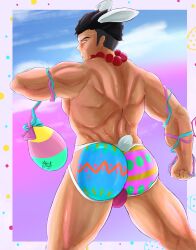 1boy ass back back_muscles back_view bara bead_necklace beads big_ass big_butt bubble_ass bubble_butt bunny_ears bunny_tail demon_slayer easter easter_egg gay himejima_gyomei jockstrap kimetsu_no_yaiba looking_at_viewer looking_back male male_only mireikiphanie muscles muscular muscular_male painted_butt ribbon ribbons scar solo standing white_eyes