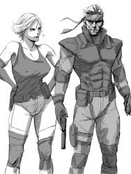 airi_akura big_breasts bodysuit couple dilf female gun male meryl_silverburgh metal_gear metal_gear_solid milf sketch soldier solid_snake topwear