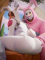 1boy 1girls ass ass_focus ass_grab bunny bunny_brawler bunny_costume bunny_ears bunny_girl bunny_tail bunnysuit curly_hair dark-skinned_female dark_skin female fortnite looking_at_viewer looking_back makeup male mask masked raviana_brwl