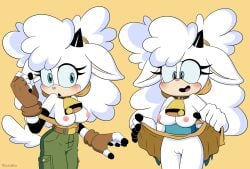 1girls anthro bell bell_collar big_hair blue_eyes bovid breasts caprine cargo_pants dipstick_fingers dress dress_lift ewe fingerless_gloves fluffy gloves heart heart-shaped_pupils kuruko lanolin_the_sheep no_bra no_panties pants pussy sheep solo sonic_(series) sonic_the_hedgehog_(comics) sonic_the_hedgehog_(idw) white_fur white_hair white_wool wool wool_(fur)