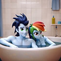 ai_generated anthro bathing bathtub breasts looking_at_viewer my_little_pony naked nipples rainbow_dash_(eg) rainbow_dash_(mlp) soarin_(eg) soarin_(mlp) taking_a_bath