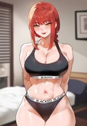 1girls ai_generated arms_behind_back blacked blacked_clothing bra chainsaw_man cleavage facing_viewer female female_focus female_only gooner4lt large_breasts looking_at_viewer makima_(chainsaw_man) mommy panties red_hair solo thick_thighs underwear wide_hips yellow_eyes