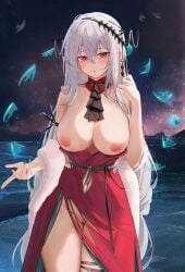 1girls 2024 arknights big_breasts blush breasts breasts_out dress dress_lift hi_res large_breasts light-skinned_female light_skin long_hair looking_at_viewer no_bra no_panties nude nude_female red_eyes ru_zhai skadi_(arknights) skadi_the_corrupting_heart_(arknights) solo standing white_hair