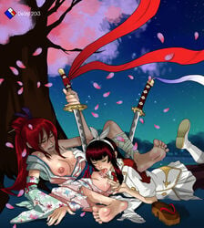 2013 2girls anal anal_fingering bandage barefoot blush boots breast closed_eyes cunnilingus destijl erza_scarlet fairy_tail feet female fingering fingers_in_ass hair hairband hime_cut japanese_clothes kagura_mikazuchi katana kimono licking licking_pussy long_hair multiple_girls night nipples off_shoulder on_back on_stomach open_mouth oral outdoors planted_sword planted_weapon ponytail red_hair saliva skirt stars sweat sword tied_hair tongue tongue_out uniform weapon yuri