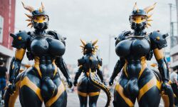 3futas ai_generated anthro athletic athletic_anthro athletic_futanari big_balls black_bodysuit bobskips body_armor bodysuit bodysuit_bulge boots bulge bulging_breasts bulging_penis city city_background cityscape cop cyberpunk dragon_futa dragon_girl dragon_horns dragon_tail flaccid futanari helmet horns huge_bulge id_number looking_at_viewer muscular_abs muscular_chest muscular_futanari muscular_legs police police_uniform shoulder_pads stable_diffusion tactical_gear thick_thighs tight_clothing visor_helmet walking walking_towards_viewer