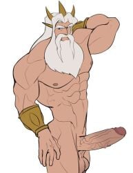 bara beard daddy dilf disney huge_cock kaito_draws king_triton looking_at_viewer male male_only nude solo_male tagme the_little_mermaid white_background white_hair