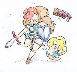 angry blossom_tales breasts breasts_out female flower knight lily_(blossom_tales) long_hair monster mushroom open_mouth plaguetyranno pubic_hair pussy shield skirt sword tights torn_clothes torn_clothing torn_legwear torn_panties vagina