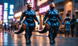 2futas ai_generated anthro black_bodysuit bobskips body_armor bodysuit boots bulge chubby chubby_anthro chubby_futanari city city_background cityscape cyberpunk dragon_girl dragon_horns dragon_tail futanari helmet huge_bulge patrol police police_uniform stable_diffusion visor_helmet walking walking_towards_viewer