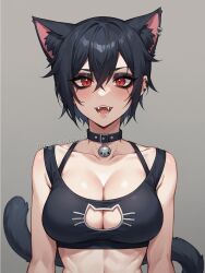 ai_generated big_breasts black_fur black_hair breasts cat_cutout cat_ears cat_girl cat_tail catgirl cleavage cleavage_cutout cleavage_window cute fangs goth goth_girl gothic jorgecarlosai open_mouth portrait red_eyes tagme