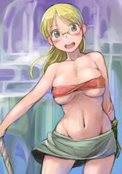 aged_up bandeau big_breasts blonde_hair blush breast_squish female female_only glasses green_eyes hair_down long_hair looking_at_viewer made_in_abyss miniskirt riko_(made_in_abyss) single_glove smile solo tsuda_nanafushi underboob