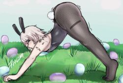 1boy ass_up big_ass bunny_ears bunny_tail bunnysuit closed_eyes easter easter_egg egg femboy fishnets fraxzya grass male metal_gear_solid metal_gear_solid_2 no_shoes raiden_(metal_gear) silver_hair solo solo_male stretching tagme twink yoruichi_stretch