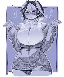 ... alternate_costume big_breasts blush cleavage embarrassed female female_only frown glasses hair_between_eyes hoodie jacket kingofbandit156 made_in_abyss monochrome musk musky open_jacket ozen purple_theme short_hair smell solo steam sweat sweatshirt two_tone_hair wide_hips