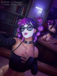 1girls 3d asian ass big_ass black_panties black_topwear bookshelf choker dim_lighting facepaint female female_only festival_lace_(fortnite) fortnite glasses hand_on_breast holding_phone lace_(fortnite) looking_at_viewer mirror multicolored_hair panties pink_hair purple_hair purple_lipstick seductive_look selfie solo taking_picture tan_skin the_qbd thick_thighs thighs thin_waist twintails