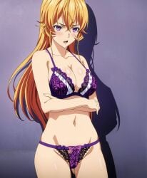 ai_generated angry_expression angry_face belly belly_button blonde_hair blush bra breasts cleavage crossed_arms lingerie long_hair looking_at_another looking_at_viewer nakiri_erina open_mouth panties purple_eyes shiny_skin shokugeki_no_souma slim_waist stable_diffusion standing thong