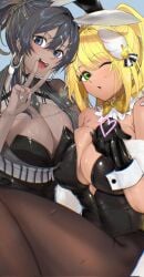 2girls alternate_costume animal_ears big_breasts black_hair black_leotard blonde_hair blue_eyes bow breasts bunny_ears bunny_girl bunnysuit cleavage clothed covered_navel cuffs dark-skinned_female dark_skin detached_collar earrings female female_only fujisaki_subaru gloves goddess_of_victory:_nikke green_eyes hair_ornament heart highres leotard long_hair looking_at_viewer noise_(nikke) one_eye_closed open_mouth pantyhose peace_sign rupee_(nikke) rupee_(rabbit_deluxe)_(nikke) smile strapless strapless_leotard thick_thighs