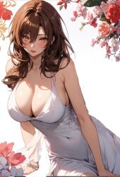 ai_generated blush blush brown_hair brown_hair_female brunette_hair cleavage dress female_issei flowers high_school_dxd horny horny_female huge_breasts long_hair messy_hair red_lips short_dress thick_thighs white_dress yellow_eyes